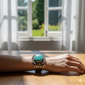 A woman wearing a wide vintage-style turquoise cuff bracelet on her wrist.