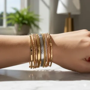 A stackable gold bangles set in yellow gold layered with rose gold accents for a multi-tone effect.
