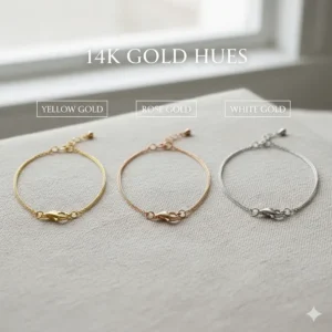 Illustration showing 14k gold chain bracelets for women in yellow gold, rose gold, and white gold finishes.