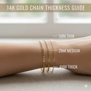 A side-by-side comparison of 1mm, 2mm, and 4mm 14k gold chain bracelets on a female wrist.