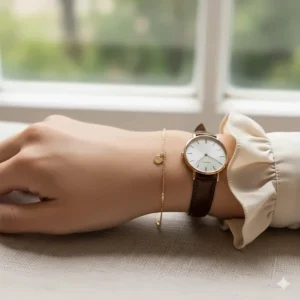 A woman wearing a delicate 14k gold chain bracelet styled with a watch and a silk blouse.