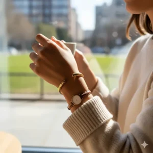 A woman wearing a polished gold adjustable cuff bracelet styled with a watch and casual attire.