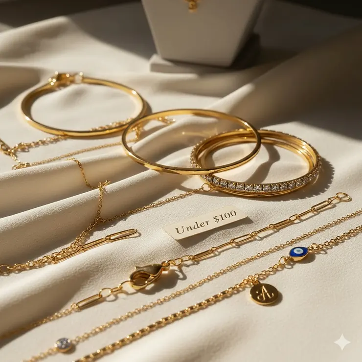 A collection of affordable 14k gold-plated bracelets displayed on a silk cloth, showing luxury jewelry options under 100 dollars. best gold bracelet under 100