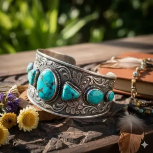 A bohemian-style wide statement cuff bracelet featuring intricate floral engravings and turquoise stones.