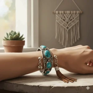 Intricate turquoise-inlaid adjustable cuff bracelet for women with bohemian patterns.