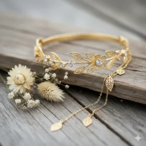 A bohemian-style bridal bracelet in gold with small floral accents and shimmering crystals.