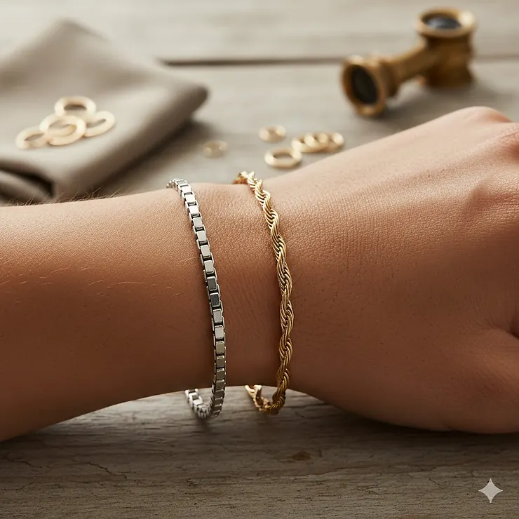 A close-up side-by-side comparison of a sleek silver box chain bracelet and a classic gold cable chain bracelet. box chain vs cable chain bracelet