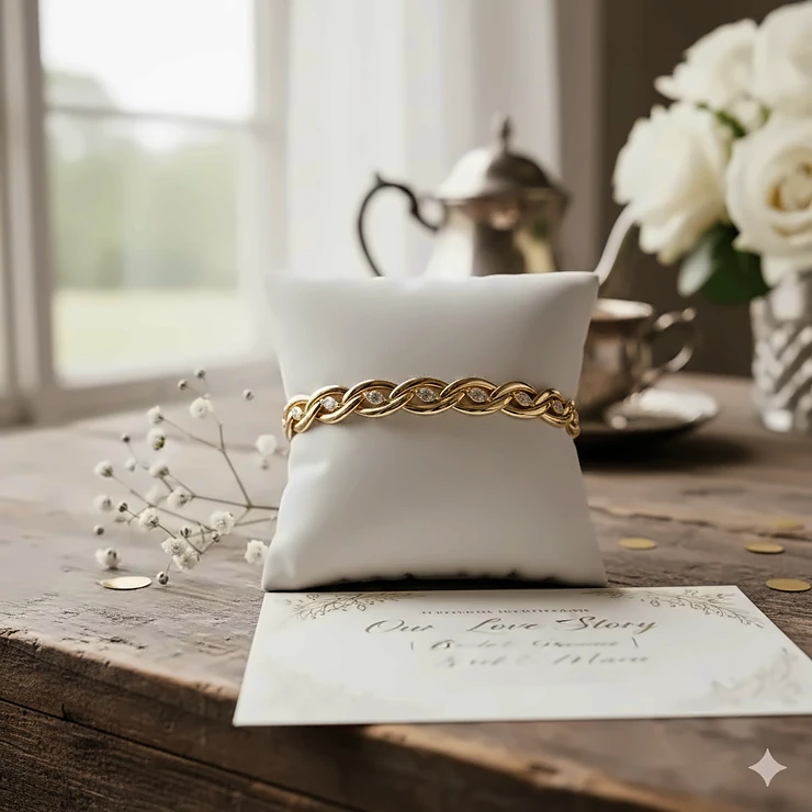 A luxurious 14k yellow gold bridal bracelet displayed on a white velvet cushion for a wedding ceremony. bridal bracelet gold