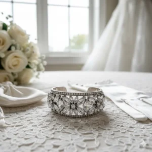 An elegant silver wide statement cuff bracelet with crystal embellishments for wedding attire.