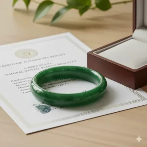 A natural jade bangle bracelet shown alongside its official authenticity certificate.