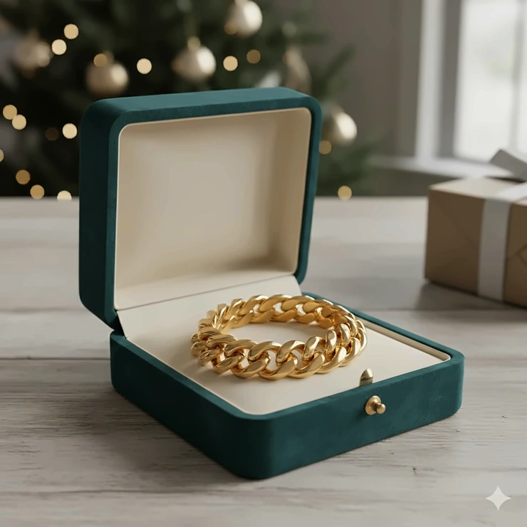 A chunky gold chain bracelet for women inside a velvet luxury jewelry gift box.