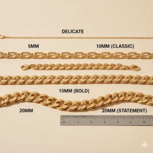 Size comparison of different thicknesses of chunky gold chain bracelets for women.