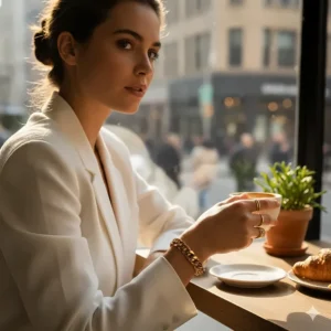 A woman wearing a luxury chunky gold chain bracelet styled with a white blazer and gold rings.