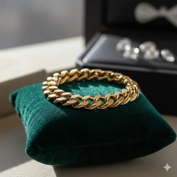 A high-quality 14k gold Cuban curb chain bracelet displayed on a velvet jewelry cushion.