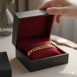 An elegant black gift box containing a luxury gold-plated Cuban curb chain bracelet.