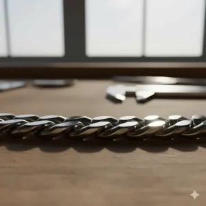 Close-up view of the polished interlocking links on a stainless steel Cuban curb chain bracelet.