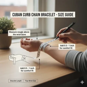 An illustrated guide showing how to measure wrist size for a Cuban curb chain bracelet.