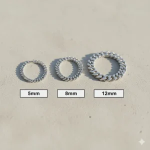 A comparison of 5mm, 8mm, and 12mm widths for a Cuban curb chain bracelet.