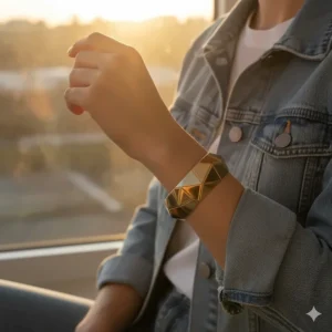 Casual everyday outfit pairing featuring a shiny geometric gold cuff bracelet and a denim jacket.