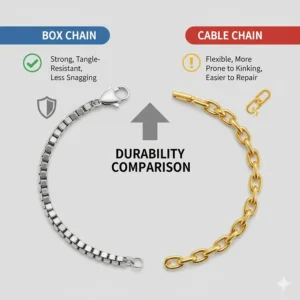 Infographic comparing the structural strength and durability of box chain vs cable chain bracelets.