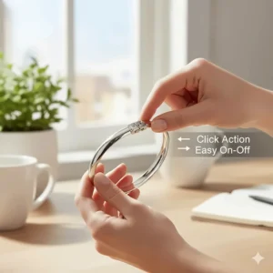 Illustration demonstrating how the hinged design allows for easy one-handed application of the bracelet clasp.