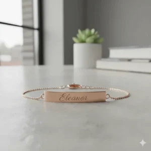 Personalized rose gold bar bracelet for women with custom name engraving.