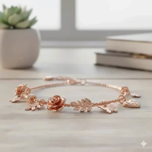 Intricate rose gold charm bracelet for women featuring flower and leaf motifs.