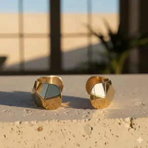 Side profile of a geometric gold cuff bracelet highlighting its sleek open-cuff silhouette.