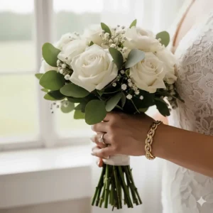 Close-up of a bride wearing a delicate gold bridal bracelet while holding her wedding bouquet.