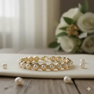 Classic bridal bracelet in gold adorned with freshwater pearls and a lobster claw clasp.