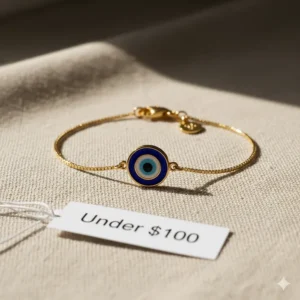 Protective gold evil eye charm bracelet with blue enamel detail, priced under 100 dollars.