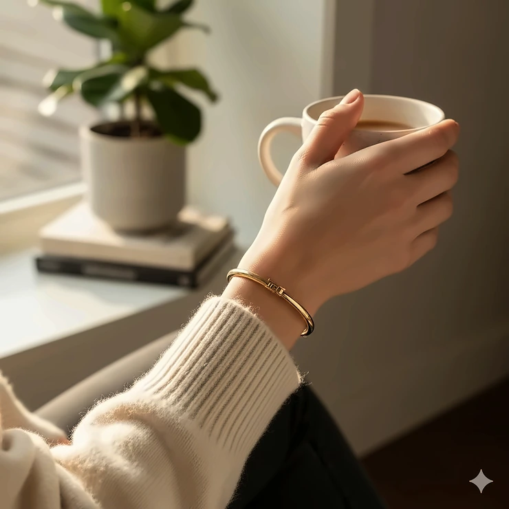 A polished 14k gold hinged bangle bracelet with a secure integrated clasp shown on a lifestyle background. hinged bangle bracelet with clasp