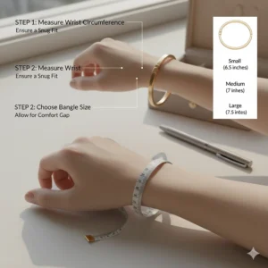 Illustration showing how to measure the wrist for a perfect fit with a hinged bangle bracelet with clasp.