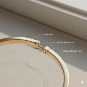 Close-up illustration showing the smooth pivot point of a hinged bangle bracelet with clasp.