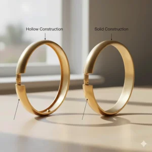 Side-by-side cross-section of a hollow and solid hinged bangle bracelet with clasp construction.