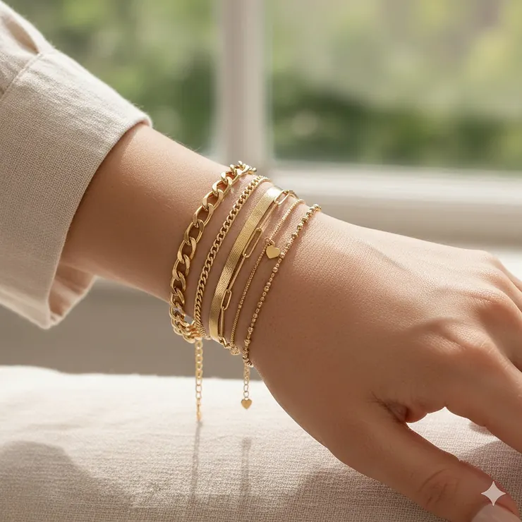 A guide on how to stack multiple 14k gold chain bracelets for a modern women’s jewelry look. 14k gold chain bracelet women
