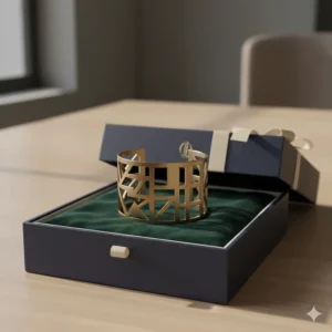 A wide statement cuff bracelet presented in a luxury velvet-lined jewelry gift box.