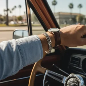 A man wearing a heavy sterling silver Cuban curb chain bracelet with casual attire.
