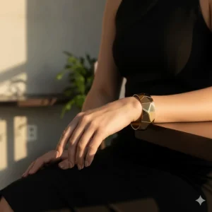 A woman wearing a modern geometric gold cuff bracelet styled with a minimalist black dress.