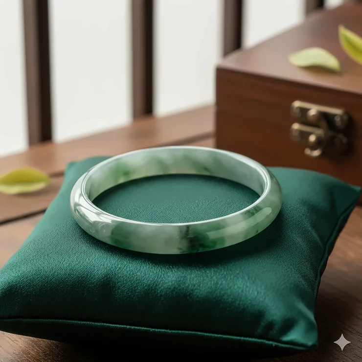 A high-quality grade A natural jade bangle bracelet displayed on a silk cushion.