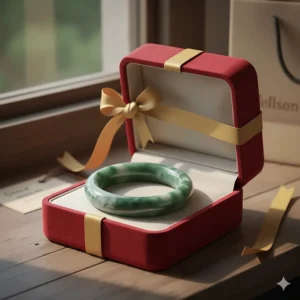 A natural jade bangle bracelet presented in a luxury red velvet jewelry box.