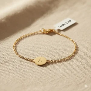 Dainty gold chain bracelet with a custom initial charm, perfect for budget-friendly gifting.