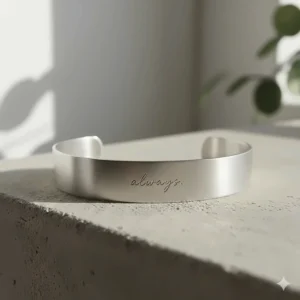 A personalized minimalist cuff bracelet featuring a subtle interior engraving.
