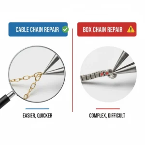 Diagram showing the ease of repairing a broken link in a cable chain versus a box chain.