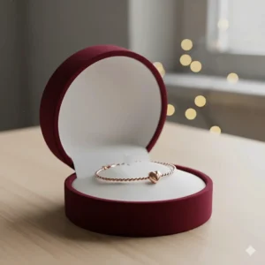 A rose gold heart-charm bracelet presented in a luxury velvet jewelry gift box.