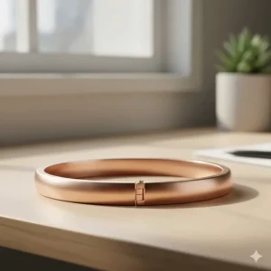 An elegant rose gold hinged bangle bracelet with a fold-over clasp illustration.