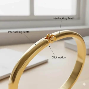 Illustration highlighting the interlocking teeth of a secure hidden clasp on a hinged bangle.
