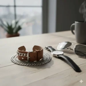 Multiple silver Cuban curb chain bracelets stacked with a leather cuff for a modern look.