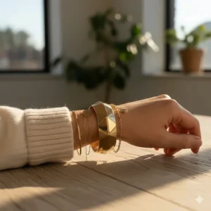 A stack of multiple geometric gold cuff bracelets showing how to layer contemporary jewelry.