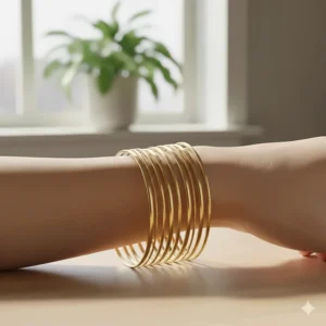 A stack of multiple thin gold bangles worn together, highlighting the layered aesthetic and the way they overlap on the arm.